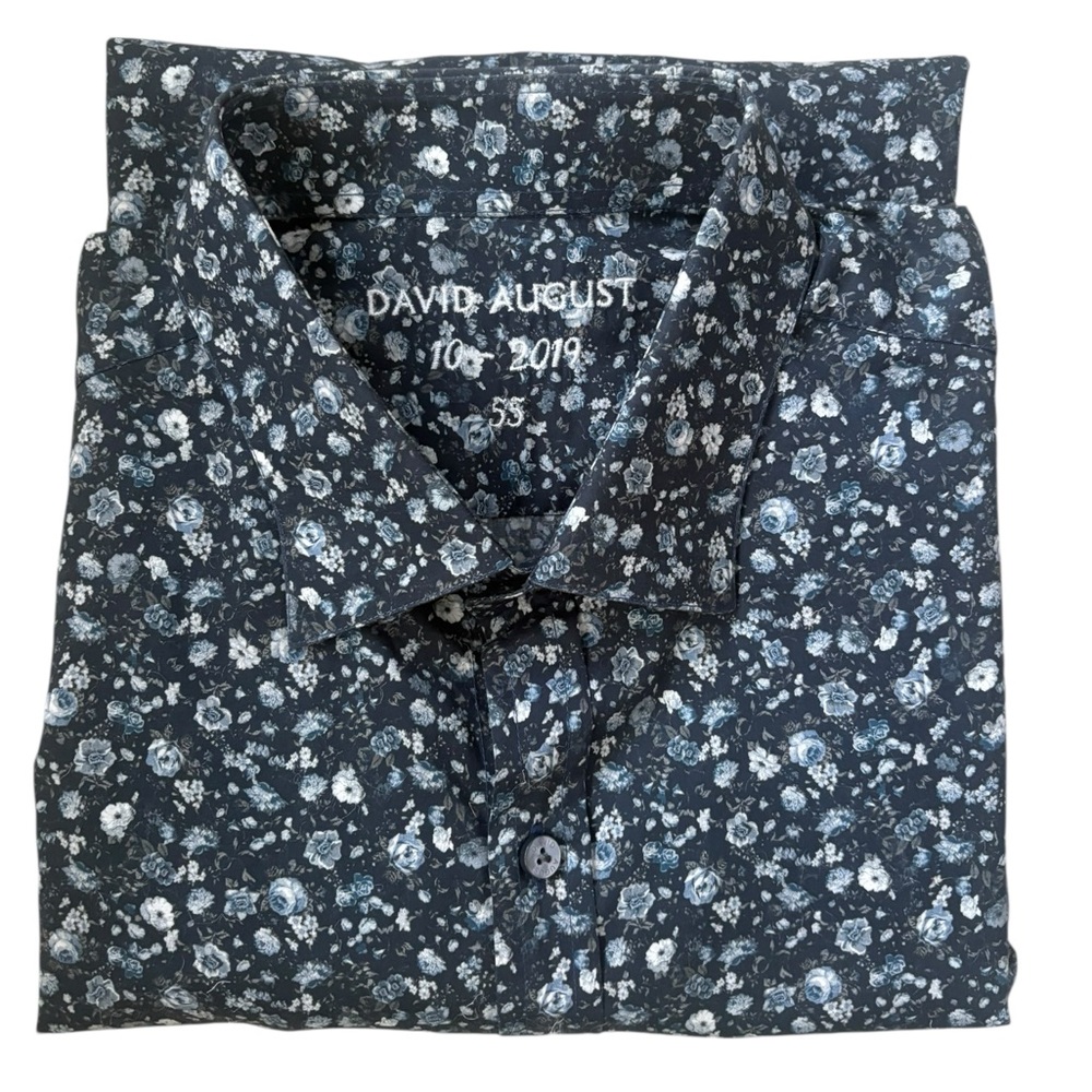 David August Luxury Custom Tailored Floral Print Shirt Navy